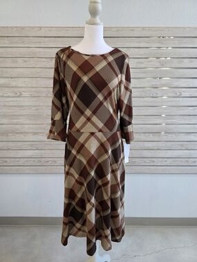 R&K Brown and Cream Plaid A-Line Long Sleeve Dress